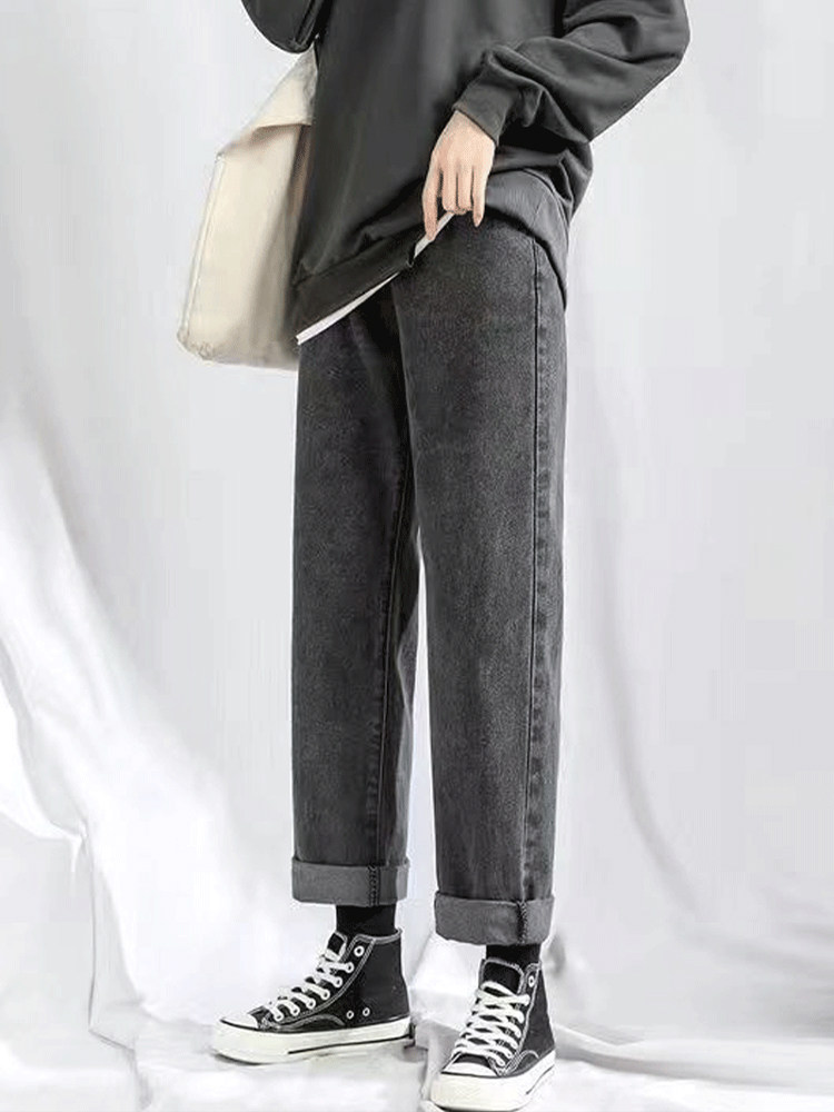 PLUS SIZE FAT MM HIGH WAIST VERSATILE SMOKE GRAY JEANS WOMENS AUTUMN AND WINTER VELVET THICKENED LOOSE STRAIGHT DAD WIDE-LEG PANTS