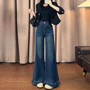 女胖mm高腰垂感木耳边直筒裤 特大码 ins显瘦蓝色牛仔裤 韩版 子 女装