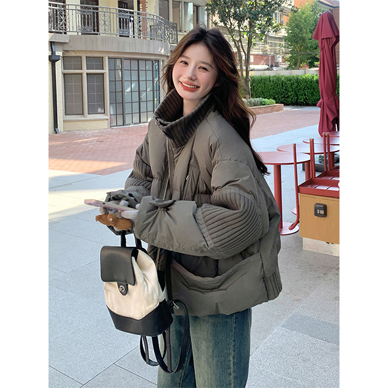 特大码女装胖mm针织拼接灰绿色棉服女韩系高级感加厚保暖棉衣外套