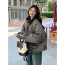 特大码 胖mm针织拼接灰绿色棉服女韩系高级感加厚保暖棉衣外套 女装