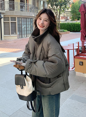 特大码女装胖mm针织拼接灰绿色棉服女韩系高级感加厚保暖棉衣外套