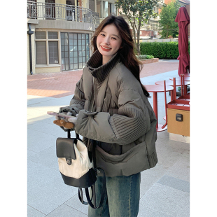 特大码 胖mm针织拼接灰绿色棉服女韩系高级感加厚保暖棉衣外套 女装