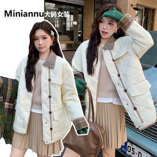 简约慵懒风开衫 胖mm米色加厚保暖棉衣外套女冬季 夹克上衣 女装 大码