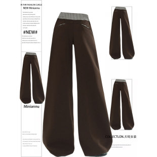 女胖mm宽松显瘦垂感直筒裤 慵懒风棕色格纹设计阔腿裤 子 女装 特大码