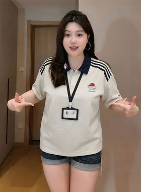 300斤胖mm特大码女装灰色条纹撞色运动短袖女t恤2026超火减龄上衣