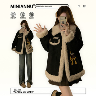 卡通刺绣加厚棉服女胖mm宽松百搭保暖牛仔外套 美式 300斤大码 女装