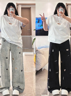 胖mm大码女装慵懒风复古蓝牛仔裤女2026新款卡通小狗刺绣直筒裤子