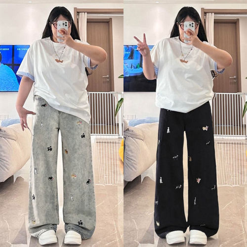 大码女装可爱减龄刺绣牛仔裤女裤
