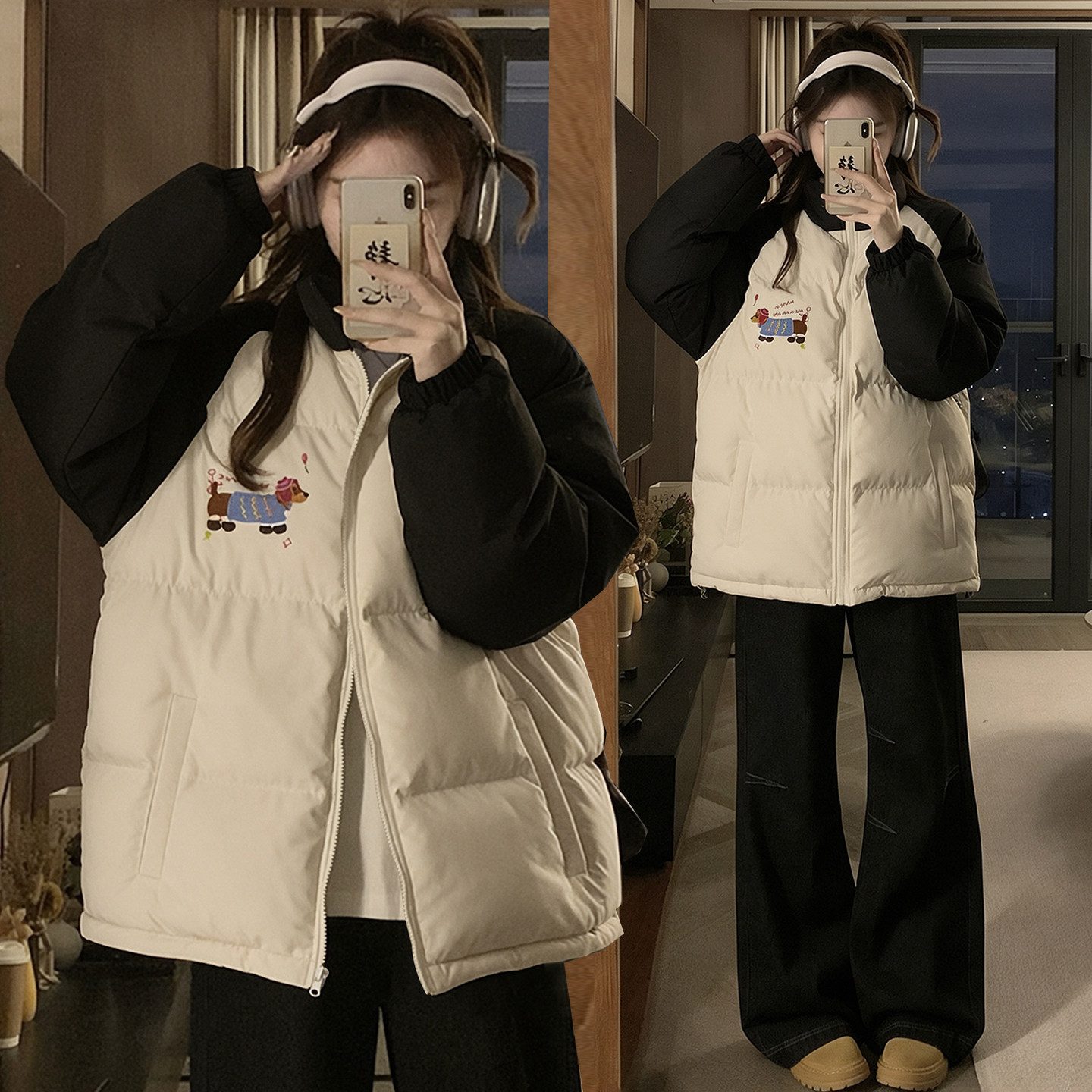 特大码女装学院风黑白撞色棉服女秋冬胖mm巨好看百搭保暖棉衣外套
