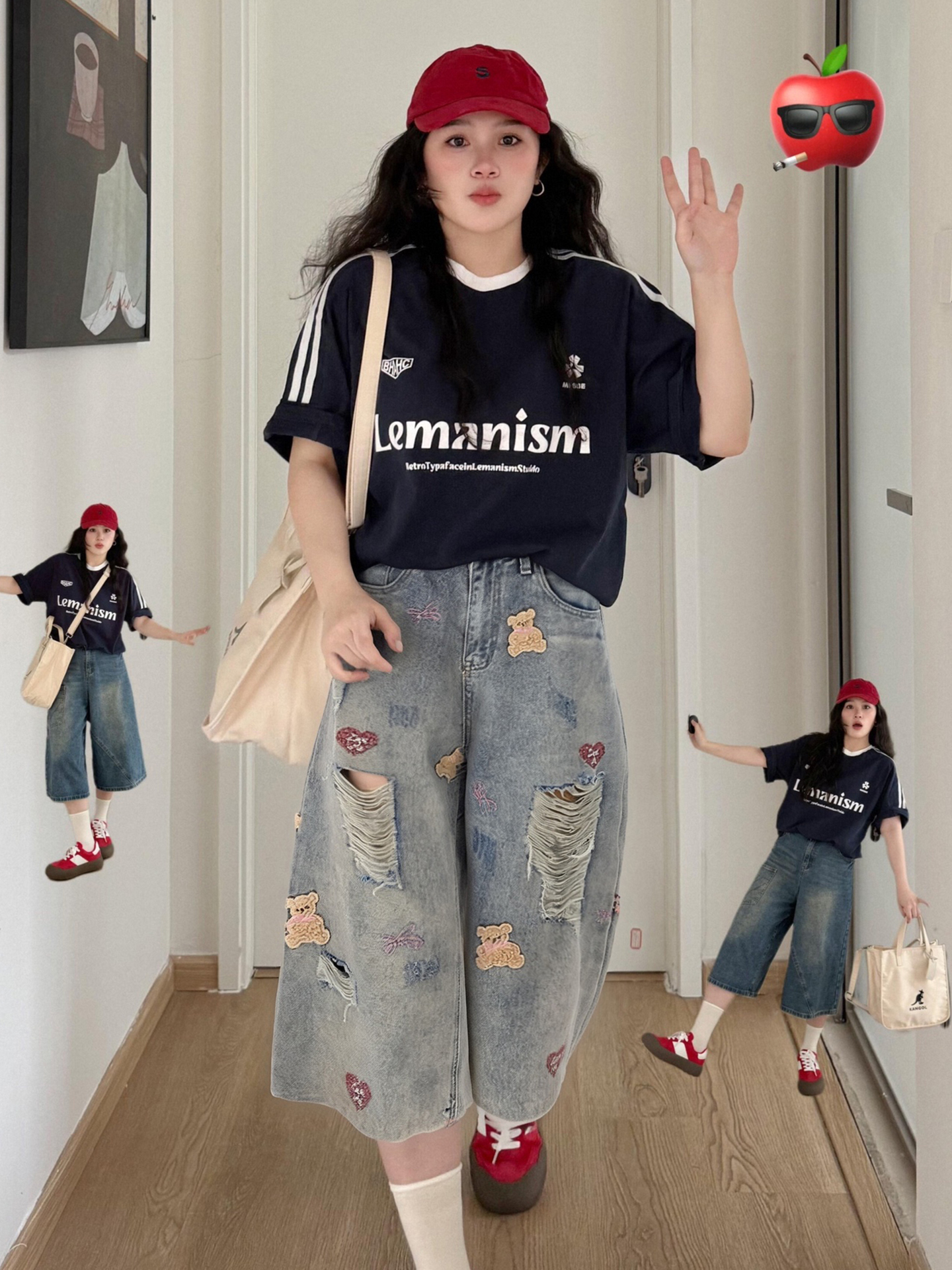 Plus Size Large Size Retro Bear Embroidered Ripped Denim Shorts for Women Summer Ripped Loose Slimming Look Wide Leg Cropped Pants