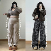 女装 灰色迷彩工装 牛仔裤 大码 女胖mm高街辣妹风设计感加绒阔腿长裤