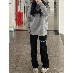 胖mm韩版 子女学生显瘦阔腿裤 直筒牛仔裤 黑色字母裤 秋季 300斤大码