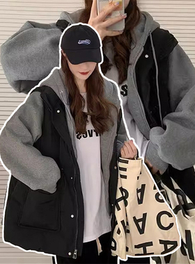 特大码女装假两件连帽棉服女春秋新款胖mm时尚撞色显瘦棉衣外套潮