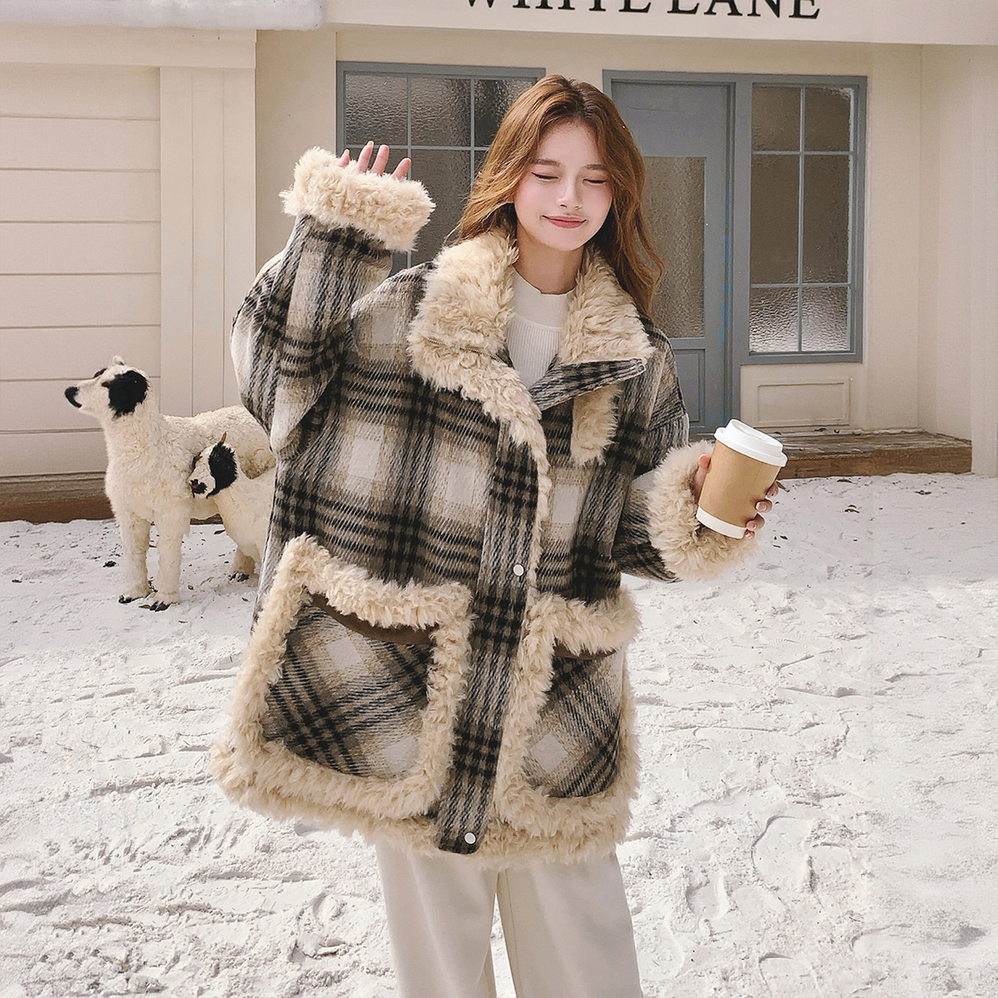 大码女装羊羔毛格纹拼接设计加厚棉服女胖mm时尚百搭宽松保暖外套,女装/女士精品,大码棉服,淘宝优惠券,粉丝福利购,淘宝优惠卷