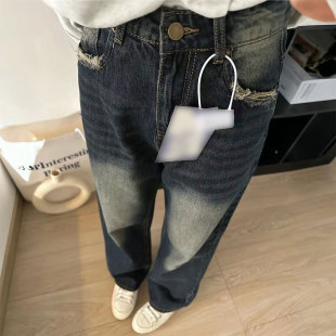 直筒裤 大码 女胖mm设计感毛边休闲窄版 辣妹风减龄蓝色牛仔裤 子 女装