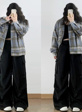 300斤特大码黑色高级感工装裤女2025年冬季新款胖mm显瘦直筒裤子