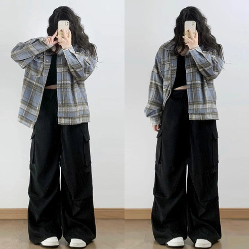 大码女装高街甜酷风阔腿工装裤女