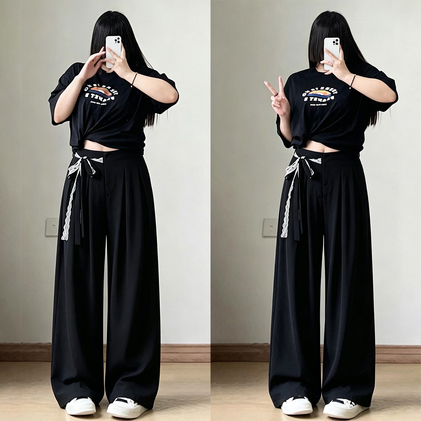 大码女装黑色高腰蕾丝绑带西装裤女秋季胖mm百搭宽松休闲阔腿裤子