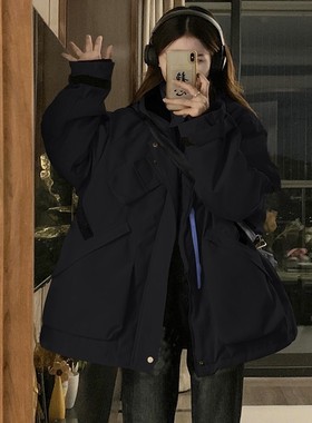 300斤大码胖mm韩版黑色工装冲锋衣女春秋夹棉加厚设计感棉衣外套