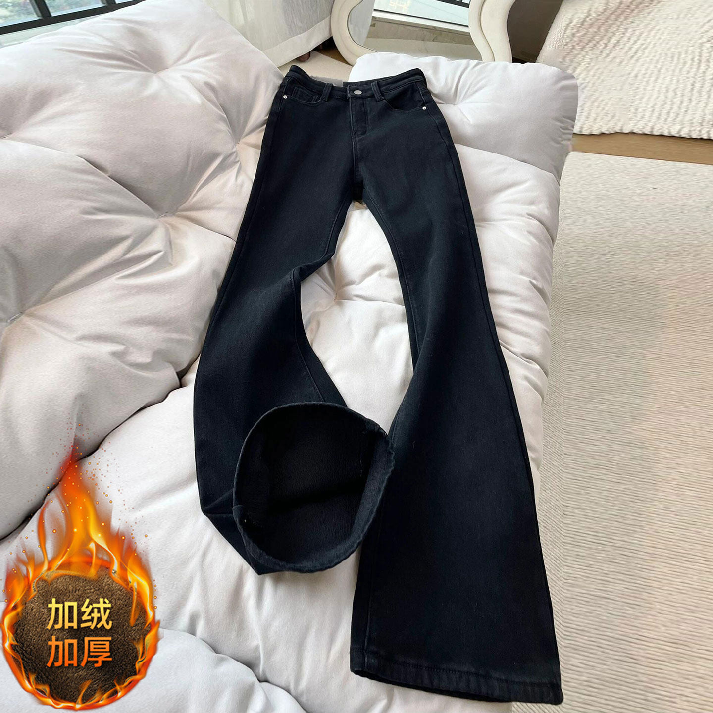 大码女装黑色弹力牛仔裤女胖mm加绒加厚裤子韩系慵懒风简约微喇裤,女装/女士精品,大码裤装,淘宝优惠券,粉丝福利购,淘宝优惠卷