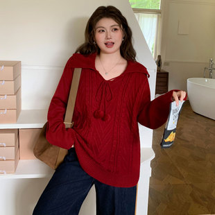 300斤大码 韩系慵懒风红色毛衣女胖mm高级感宽松显瘦针织上衣 女装