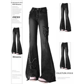 女装 胖mm蝴蝶刺绣毛边牛仔裤 女美式 特大码 复古黑色辣妹风微喇裤 子