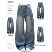 300斤大码 子 女胖mm宽松高腰显瘦阔腿直筒裤 女装 重工烫钻牛仔裤