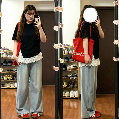 特大码女装慵懒风蕾丝拼接上衣女