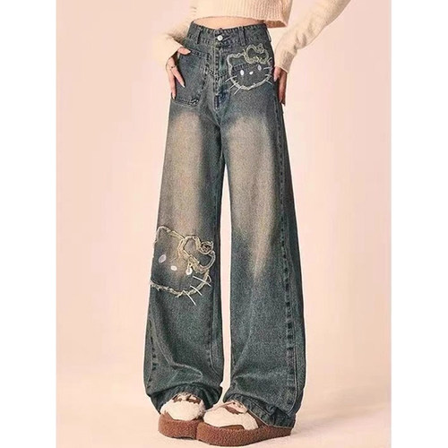 大码胖mm卡通趣味刺绣ins裤子女