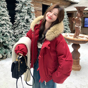 加厚保暖韩版 胖mm红色牛角扣毛领外套女冬季 ins派克棉服 女装 大码