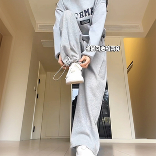 高级感灰色休闲女裤 300斤大码 女胖mm美式 设计感束脚运动卫裤 女装