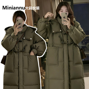 灰绿色高级感中长款 宽松加厚保暖连帽棉服女冬季 棉衣 女装 胖mm大码