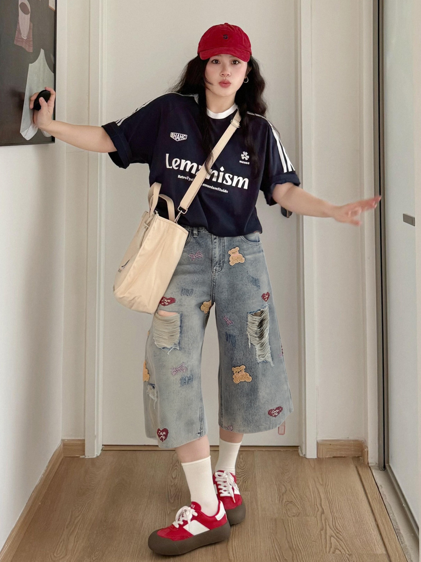 Plus Size Large Size Retro Bear Embroidered Ripped Denim Shorts for Women Summer Ripped Loose Slimming Look Wide Leg Cropped Pants