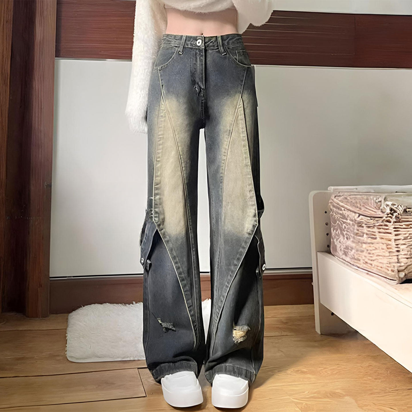 大码女装胖mm美式辣妹风工装牛仔裤女新款不贴腿显瘦破洞阔腿裤子,女装/女士精品,大码裤装,淘宝优惠券,粉丝福利购,淘宝优惠卷