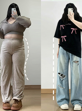 300斤特大码胖mm蓝色高腰破洞牛仔裤女夏季穿搭时尚休闲直筒裤子