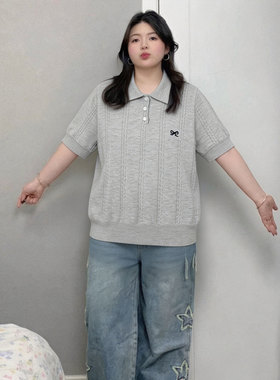 胖mm大码女装灰色Polo领针织短袖T恤女甜美风百搭显瘦韩系上衣潮