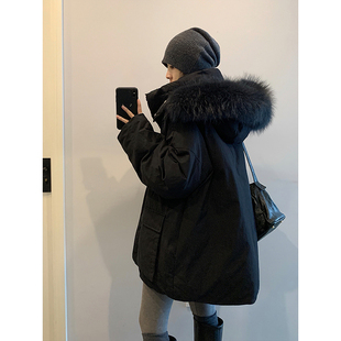 洋气高级感加厚棉衣外套女 黑色大毛领派克棉服女胖mm时尚 大码 女装