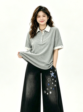 300斤特大码胖mm宽松休闲灰色Polo领短袖t恤女今年流行的女装上衣