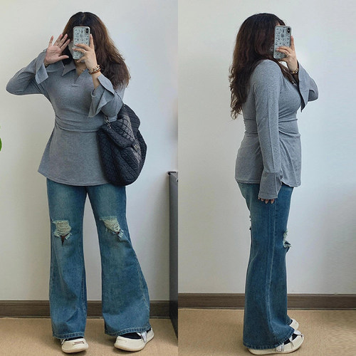 特大码设计感显瘦气质长袖t恤女