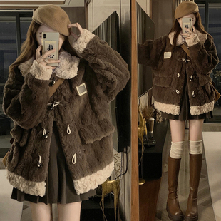 胖mm特大码 拼色设计保暖单排扣棉服上衣 加绒加厚羊羔毛外套女冬季