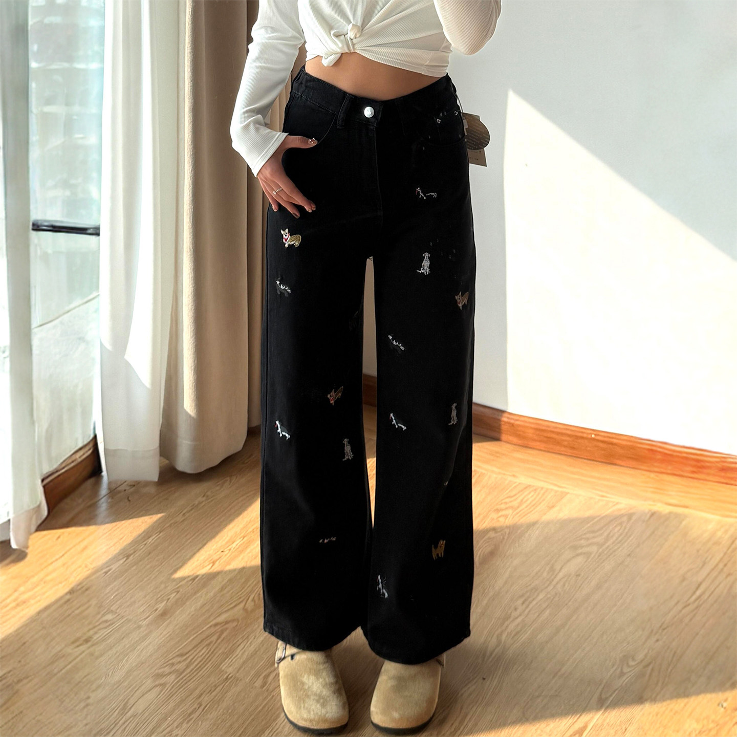 300斤大码女装美式甜酷风牛仔裤女胖mm黑色高级感显瘦阔腿长裤子,女装/女士精品,大码裤装,淘宝优惠券,粉丝福利购,淘宝优惠卷