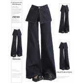 女装 子宽松显瘦阔腿裤 深蓝色复古牛仔裤 假两件裤 女胖mm新款 特大码