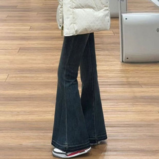 女胖mm小个子高腰显瘦弹力微喇裤 韩系穿搭复古蓝牛仔裤 子 女装 大码
