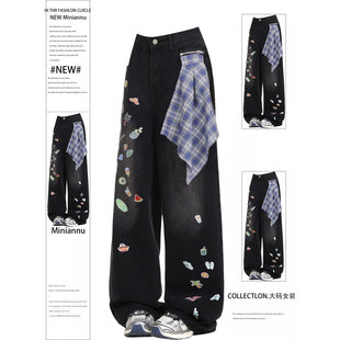 子 女卡通印花梨型身材显瘦长裤 大码 胖mm学院风黑色休闲阔腿牛仔裤