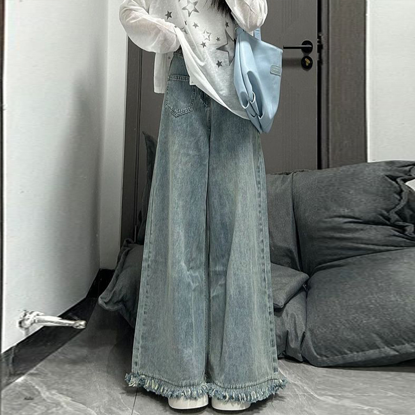 大码女装胖mm韩版宽松阔腿牛仔裤女小众设计感流苏垂感直筒长裤子,女装/女士精品,大码裤装,淘宝优惠券,粉丝福利购,淘宝优惠卷