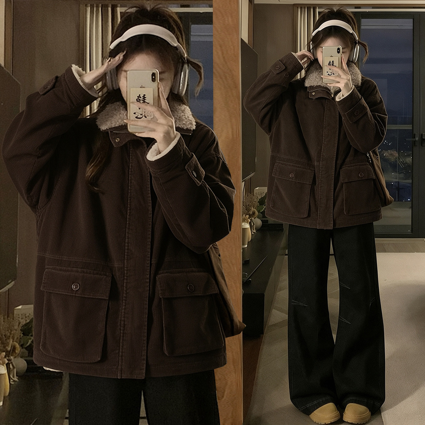 大码女装美拉德休闲翻领棉服女冬季胖mm咖啡色加绒加厚工装外套