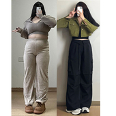 胖mm美式 黑色裤 高街直筒休闲裤 女装 300斤大码 裤 女春秋新款 工装 子