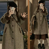 烟灰色加厚保暖翻领大衣 胖mm学生休闲百搭毛呢外套女冬季 大码 女装