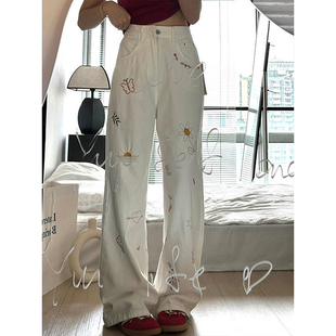 甜美显瘦阔腿长裤 300斤大码 女夏季 胖mm韩版 子 趣味刺绣白色牛仔裤