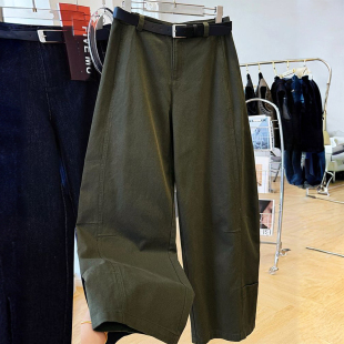 女胖mm绿色小众设计感阔腿裤 高腰显瘦弯刀牛仔裤 子 女装 300斤大码